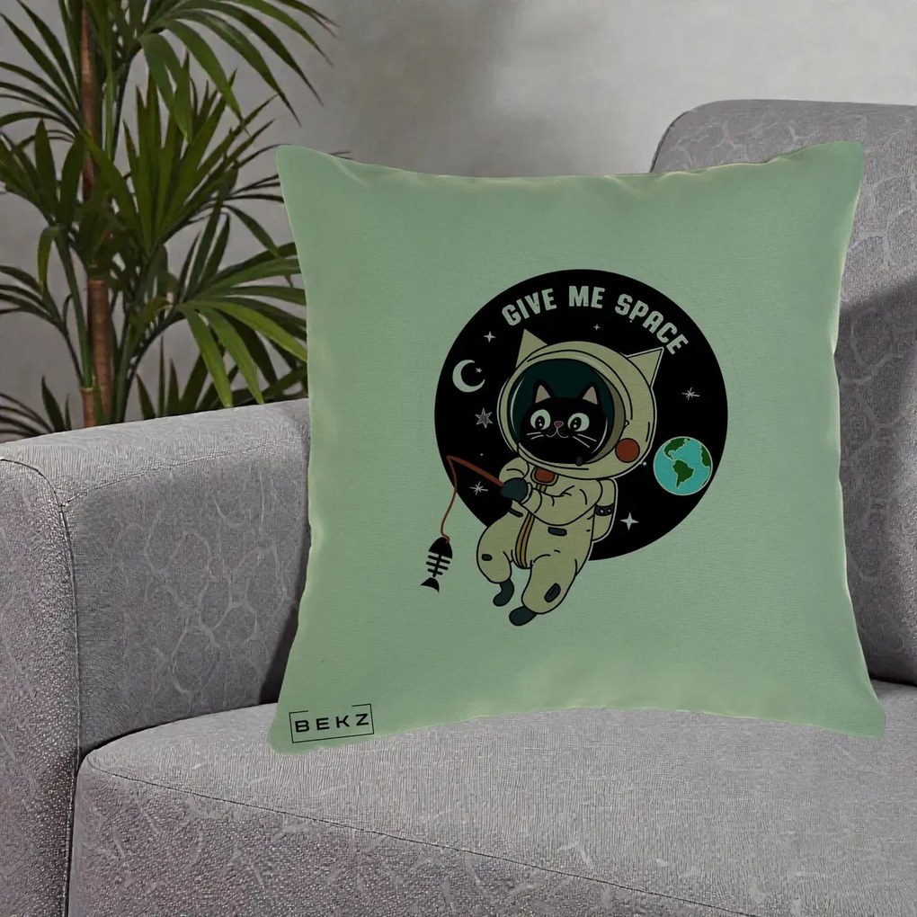 Perna Decorativa Give Me Space Pisica Astronaut, 40x40 cm, Verde, Husa Detasabila, Perna Inclusa, BEKZ®