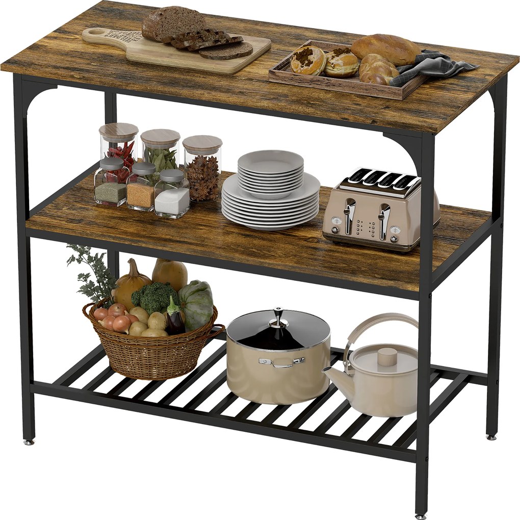 HOMCOM Raft de brutărie, raft de bucătărie cu 3 nivele și cadru din oțel, Maro rustic+Negru | Aosom Romania