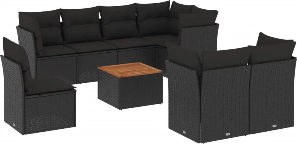 vidaXL Set mobilier de grădină cu perne, 9 piese, negru, poliratan