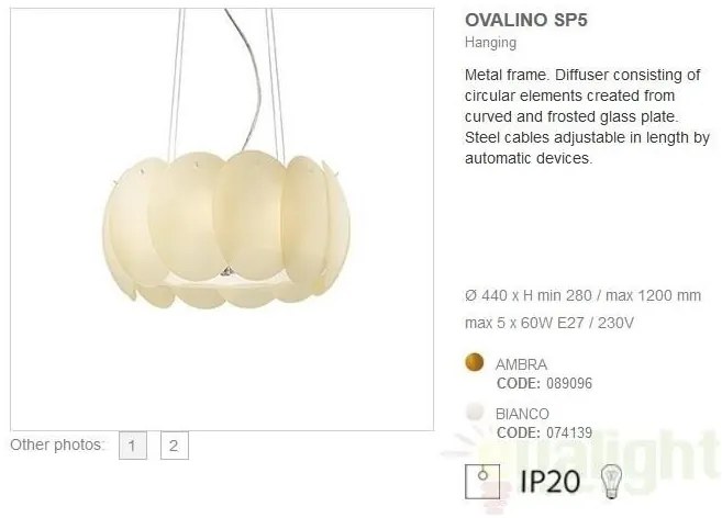 Lustra, Pendul modern inaltime reglabila, diam.44cm OVALINO SP5 BIANCO 074139