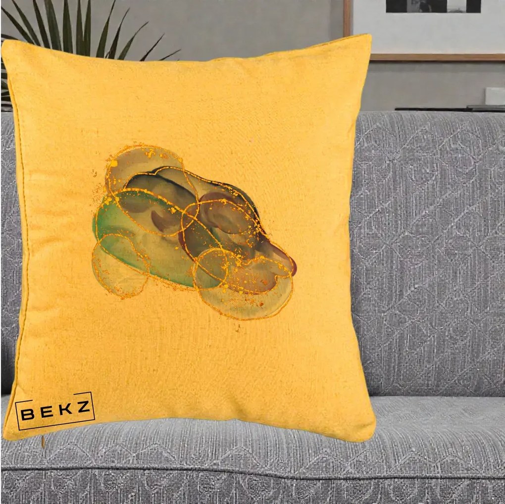 Perna Decorativa Abstract Acuarela Albastru-Mov cu Cercuri Aurii, 40x40 cm, Galben, Husa Detasabila, Perna Inclusa, BEKZ®