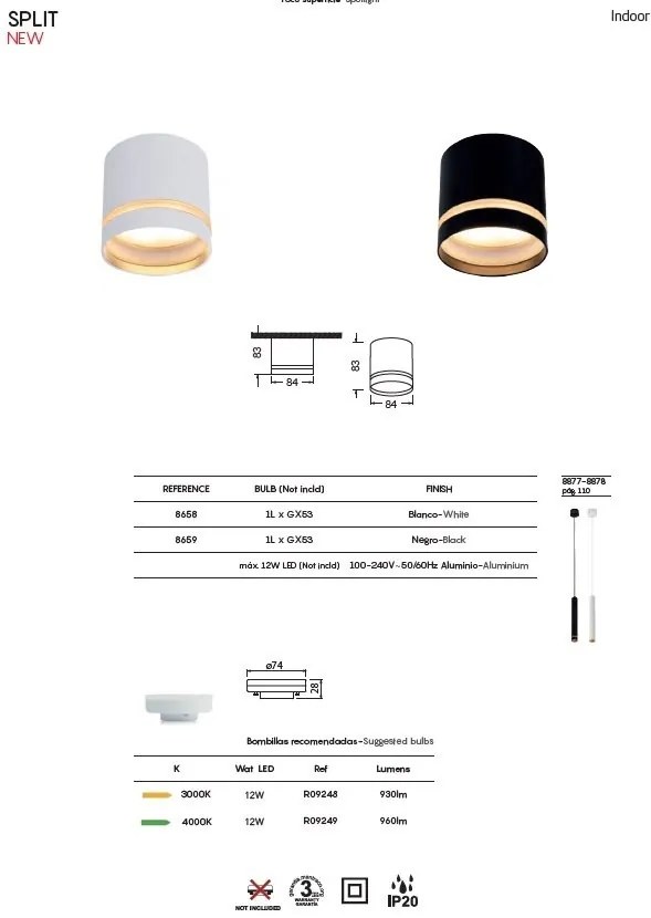 Spot aplicat tavan SPLIT alb