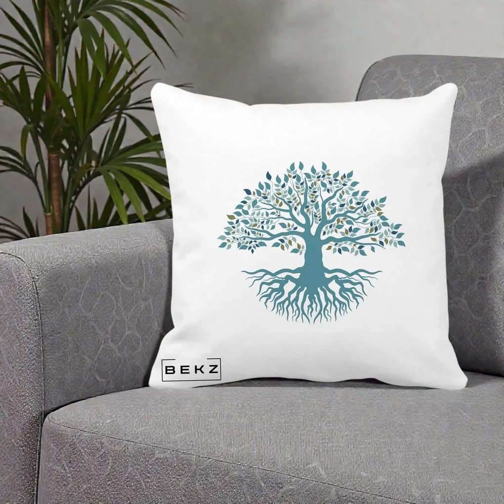 Perna Decorativa Copacul Vietii Teal cu Radacini, 40x40 cm, Alba Mata, Husa Detasabila, Perna Inclusa, BEKZ®