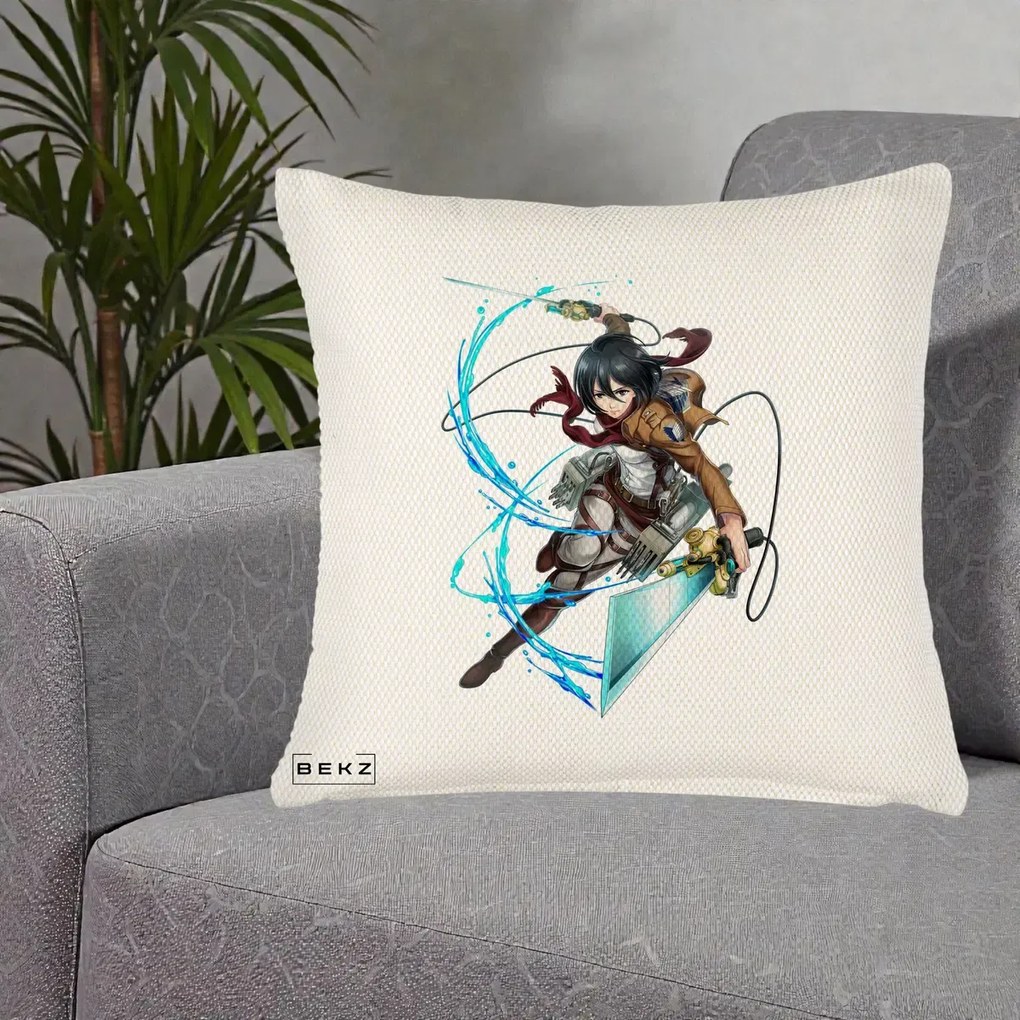 Perna Personalizata Attack on Titan Mikasa Ackerman Lupta, 40x40 cm, Crem Reliefat, Husa Detasabila, Perna Inclusa, BEKZ®