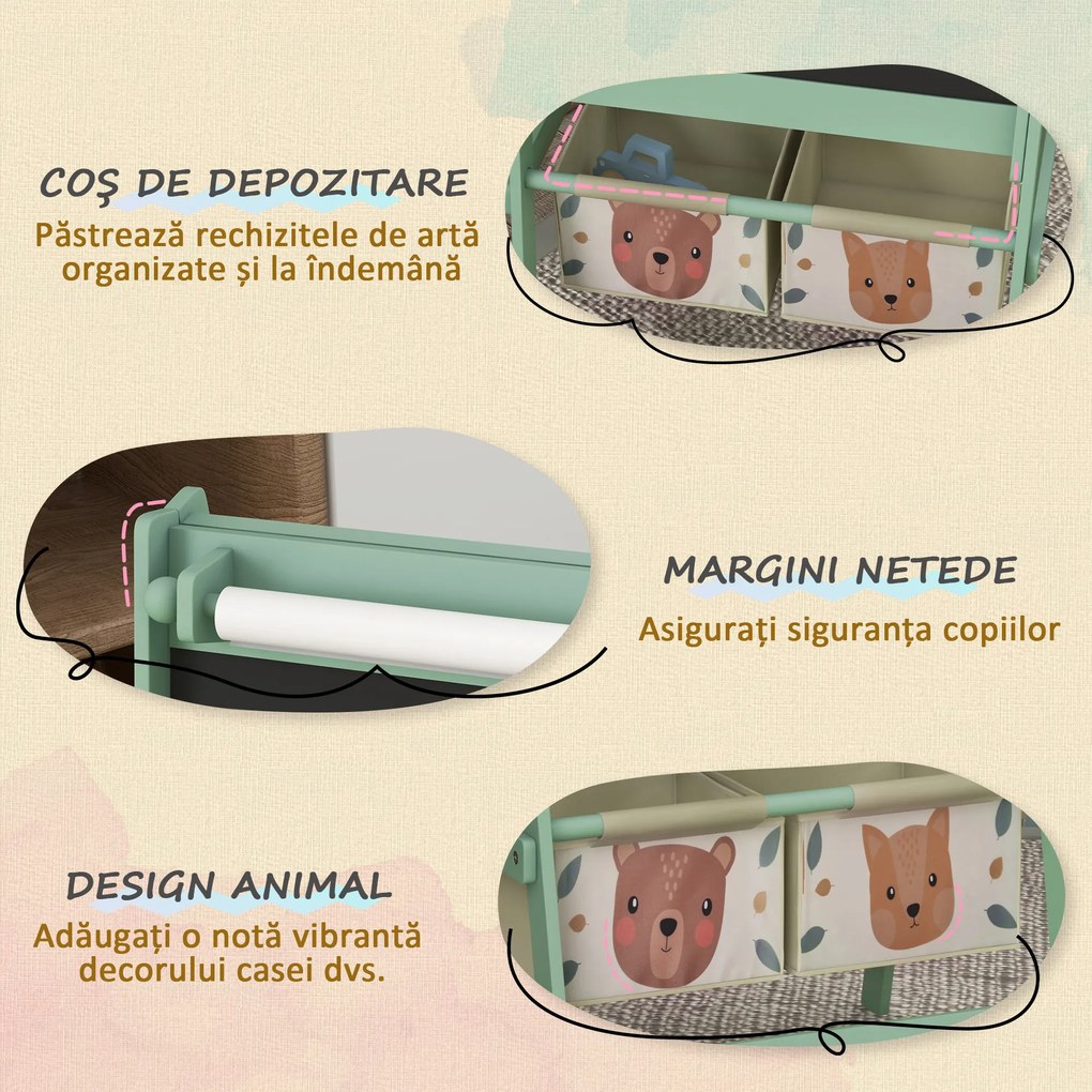 Tablă pentru copii 3 în 1 AIYAPLAY cu 2 containere, șevalet de artă din lemn pentru copii 3-8 ani, 54x46,5x93cm, de culoare verde | Aosom Romania