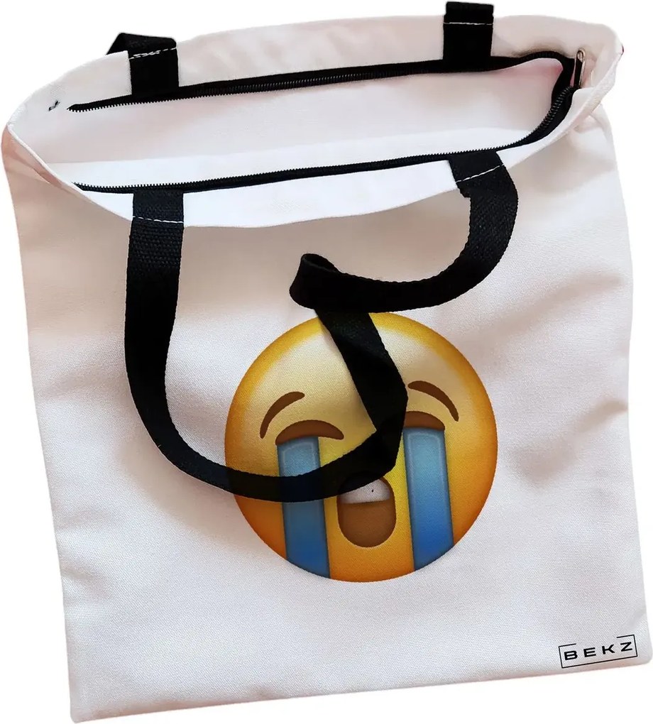 Sacosa de Panza pentru Cumparaturi, Geanta Tote, model Crying Emoji, Cu fermoar, 38x34.5 cm, Alba, BEKZ®