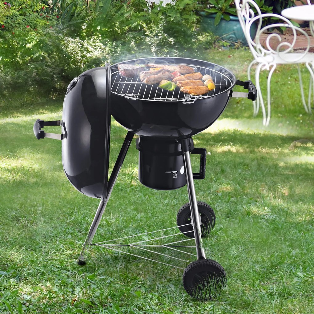 Gratar Portabil OutSunny din fonta, 2 roti, 2 grile, Capac, 50x63x94cm | Aosom RO