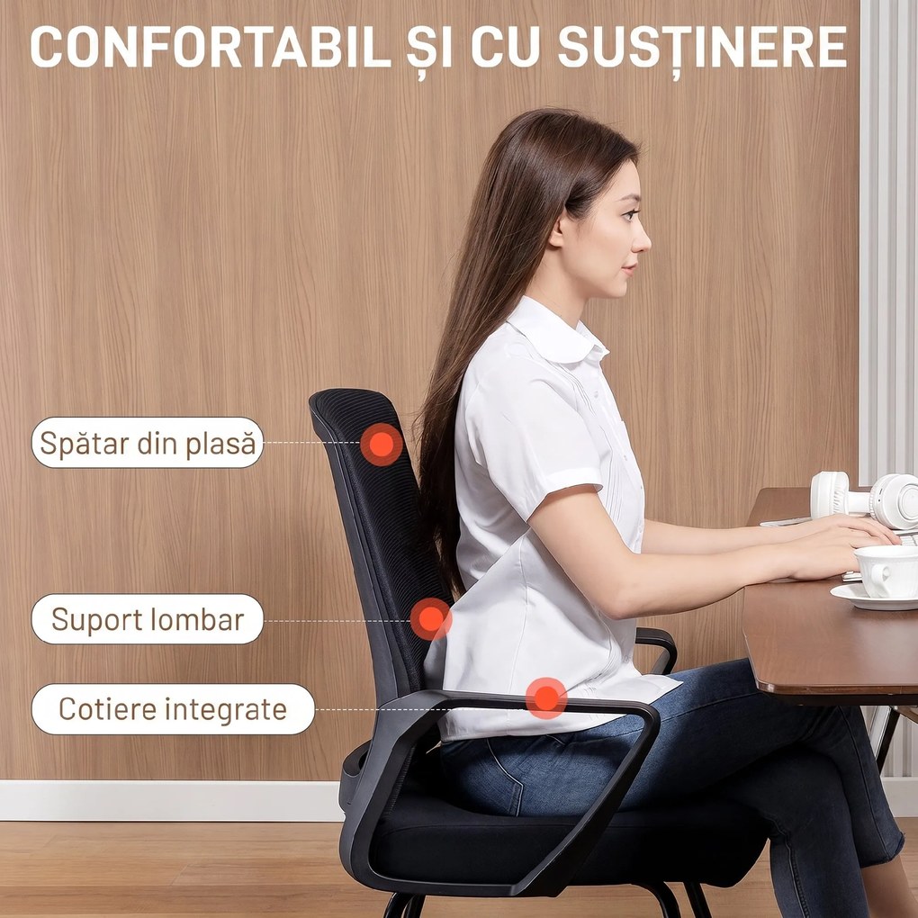 HOMCOM Scaun de Birou Fără Roți Ergonomic cu Brațe pentru Sala de Așteptare, Negru | Aosom Romania