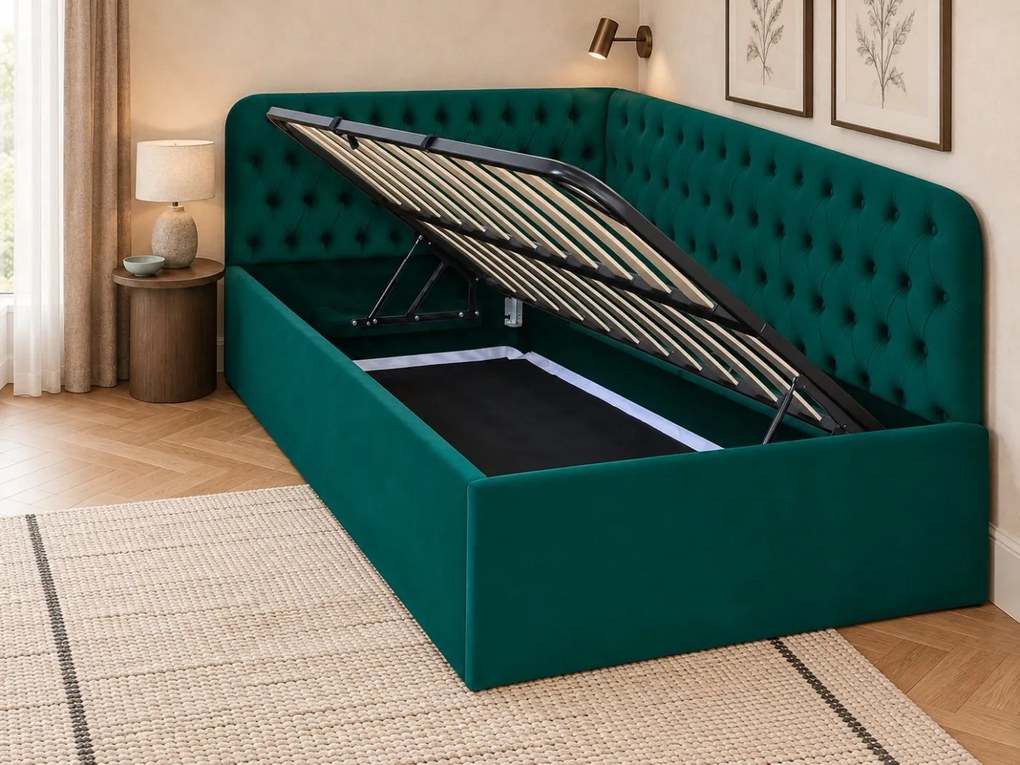 Pat tapițat pentru copii din catifea Elyra 140×200 cm, verde, colț dreapta, cu ladă de depozitare
