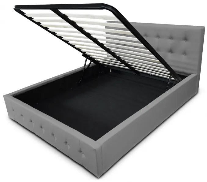 Pat tapitat cu piele ecologica, 160 x 200 , cu sertar lenjerii si somiera rabatabila,  Culoare Gri, Hans