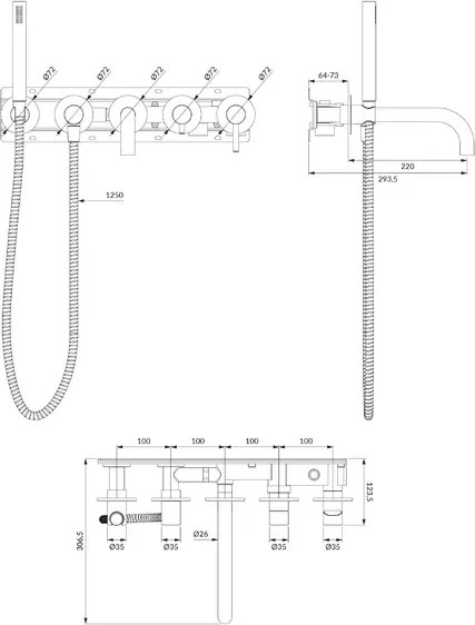 Baterie cada - dus incastrata Omnires Y 5 orificii negru cu corp ingropat si set de dus