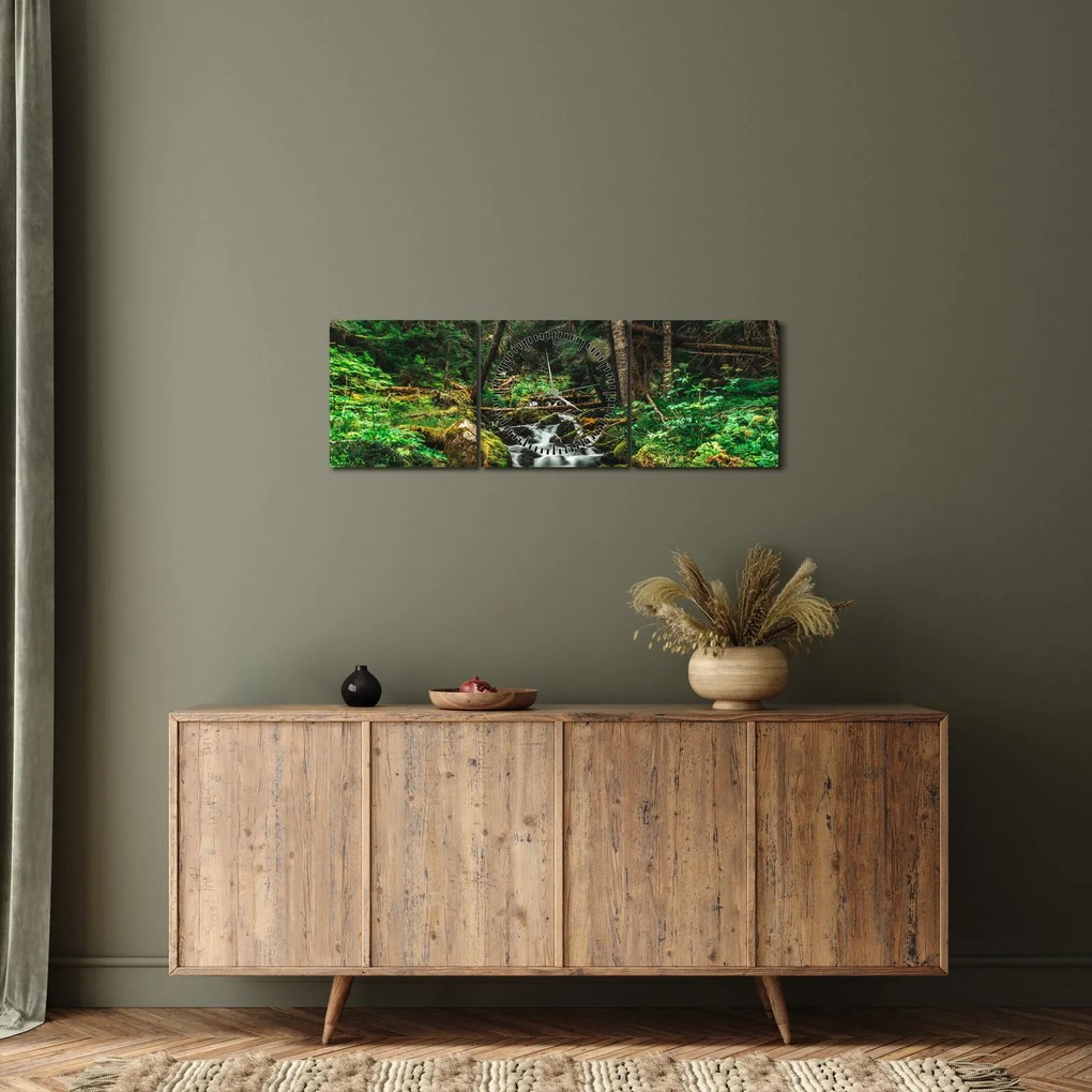 Tablou cu pârău în pădure (cu ceas) (90x30 cm)