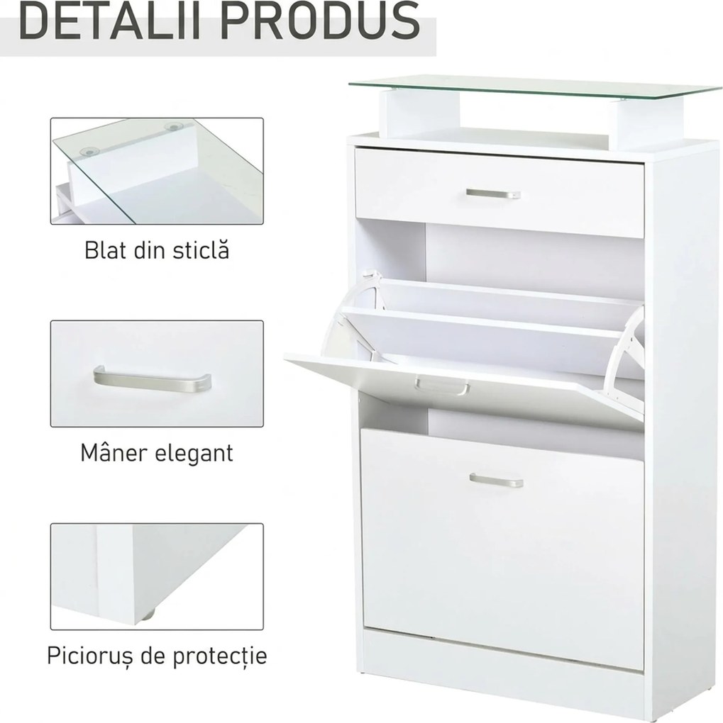 HOMCOM Dulap pentru Pantofi cu 2 Uși pe 2 Niveluri, Sertar și Raft din Sticlă, Dulap pentru Pantofi, 60x24x105,5 cm, Alb | Aosom Romania