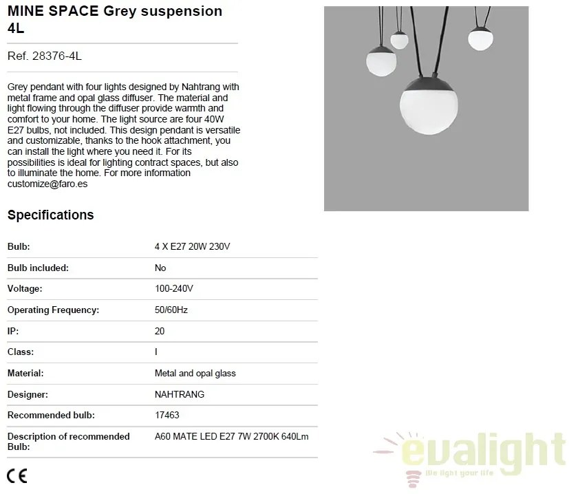Lustra cu 4 pendule design modern MINE SPACE Grey 28376-4L