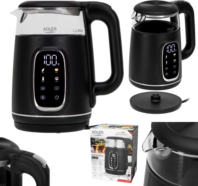 Cana electrica Adler AD 1305 BS, 1850/2200 W, 1,7 L, Control tactil, Afisaj LCD color, 5 setari de temperatura 40-100°C, Filtru anticalcar, Negru/Gri