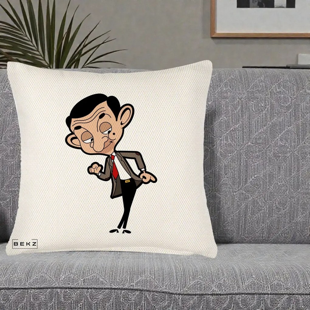 Perna Personalizata Mr. Bean Caricatura, 40x40 cm, Crem Reliefat, Husa Detasabila, Perna Inclusa, BEKZ®