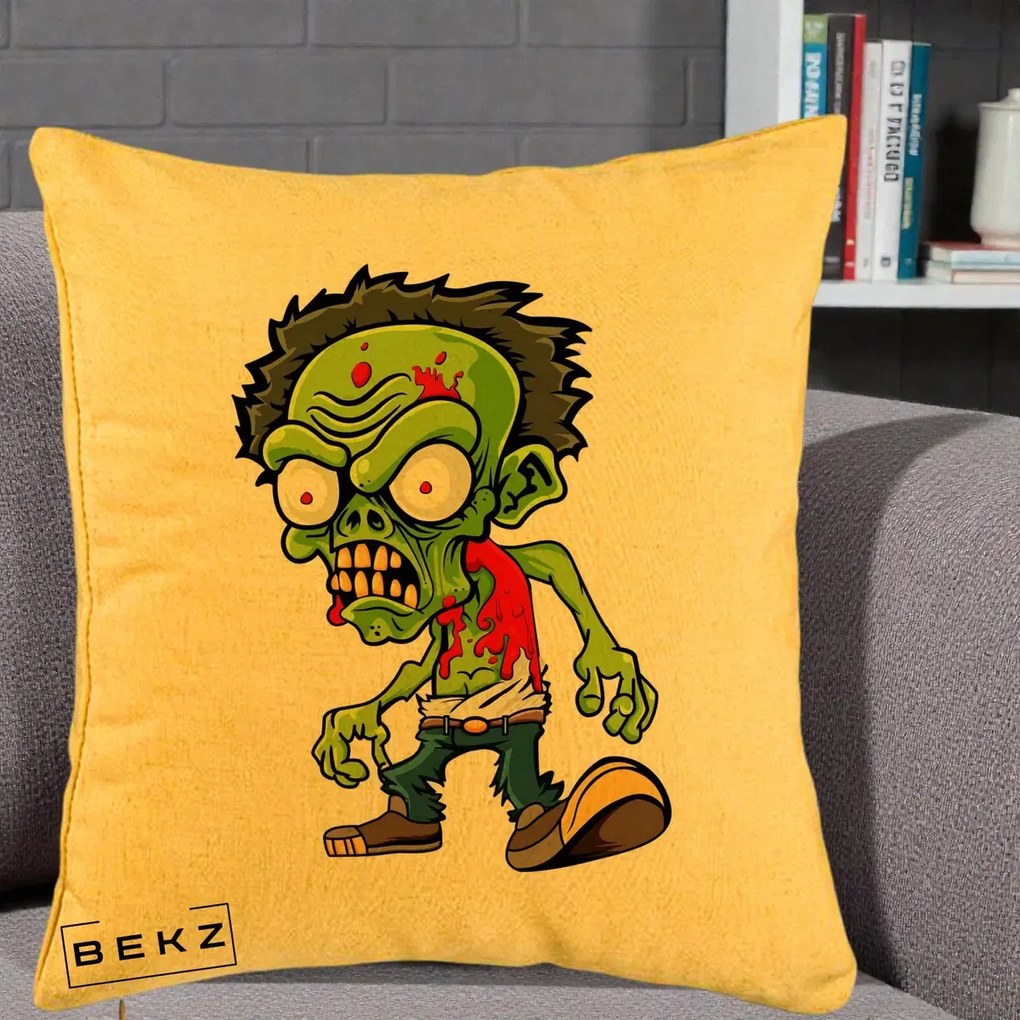 Perna Decorativa Zombie Halloween, 40x40 cm, Galben, Husa Detasabila, Perna Inclusa, BEKZ®