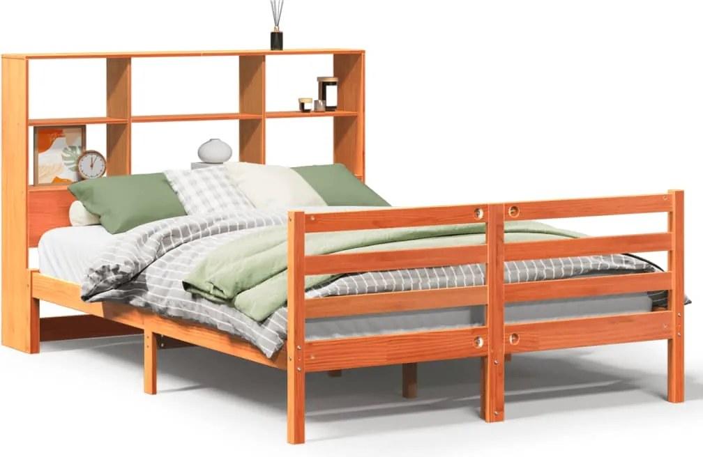 vidaXL Pat cu bibliotecă fără saltea maro ceruit 140x200 cm lemn masiv