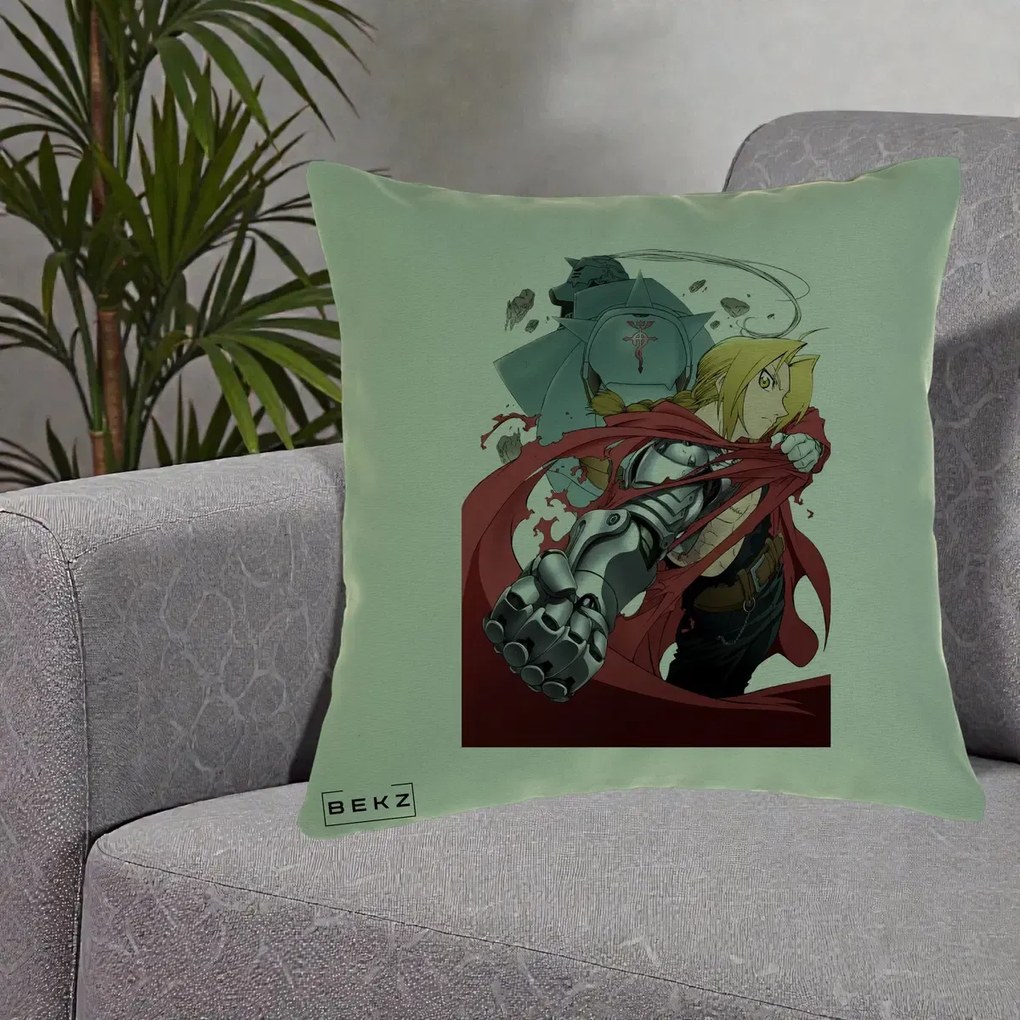 Perna Personalizata Fullmetal Alchemist Brotherhood Edward si Al Poster, 40x40 cm, Verde, Husa Detasabila, Perna Inclusa, BEKZ®