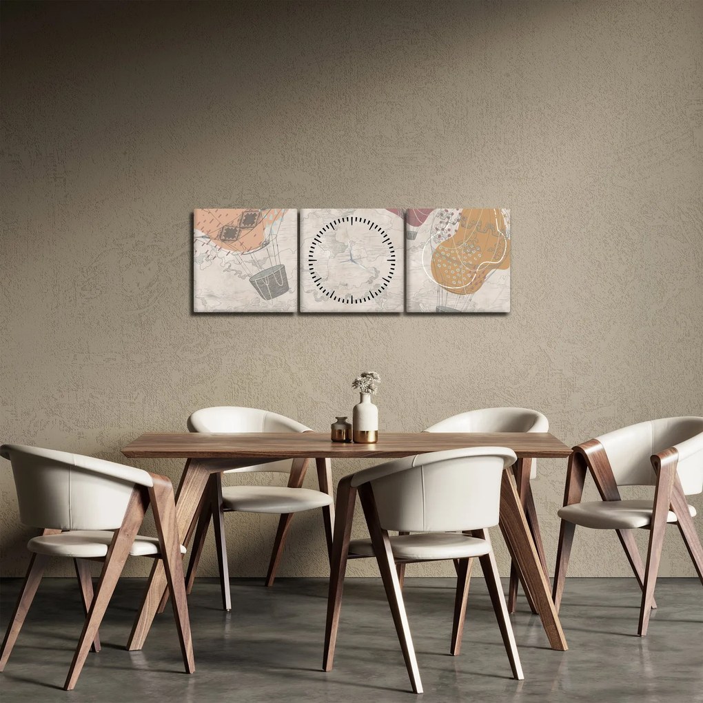 Tablou - Baloane deasupra orașului, nuanțe reci (cu ceas) (90x30 cm)