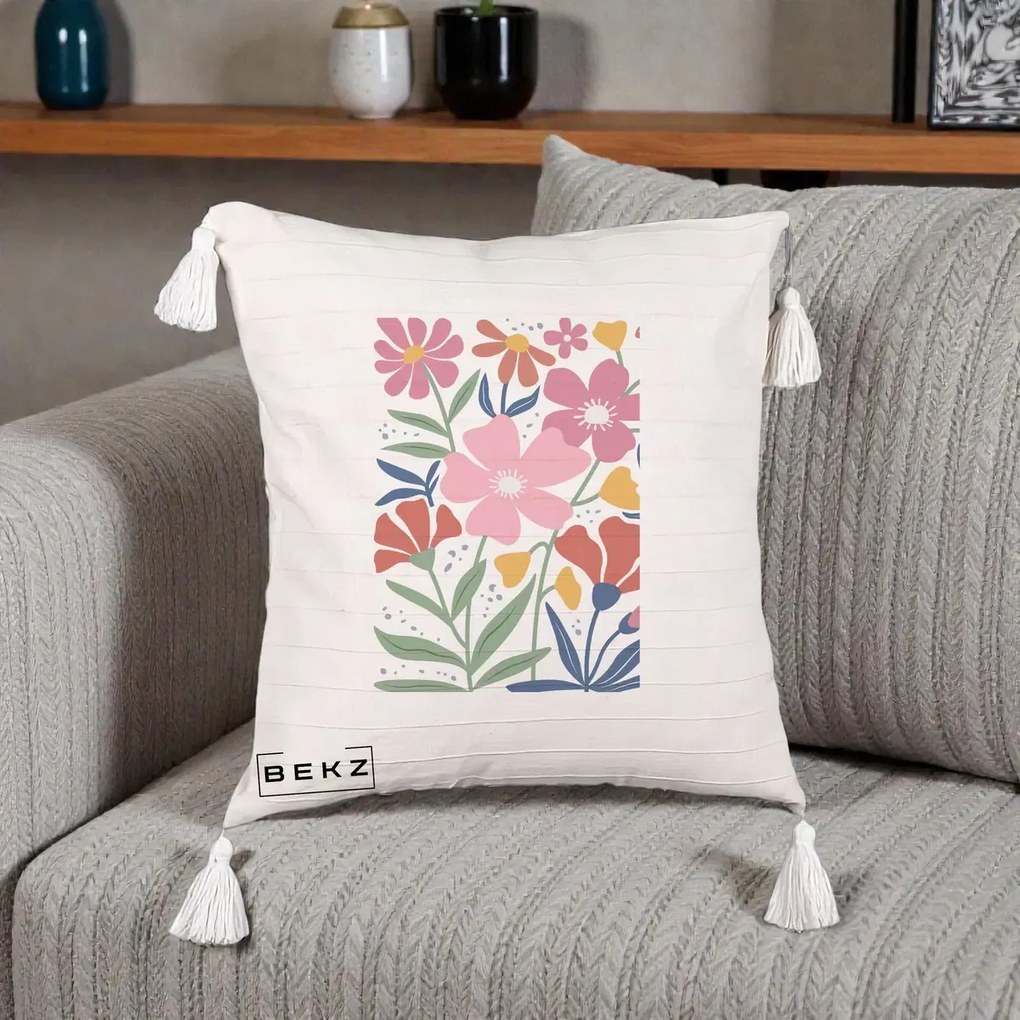 Perna Decorativa Flori Grafice Roz si Terracotta, 40x40 cm, Bej cu Franjuri, Husa Detasabila, Perna Inclusa, BEKZ®