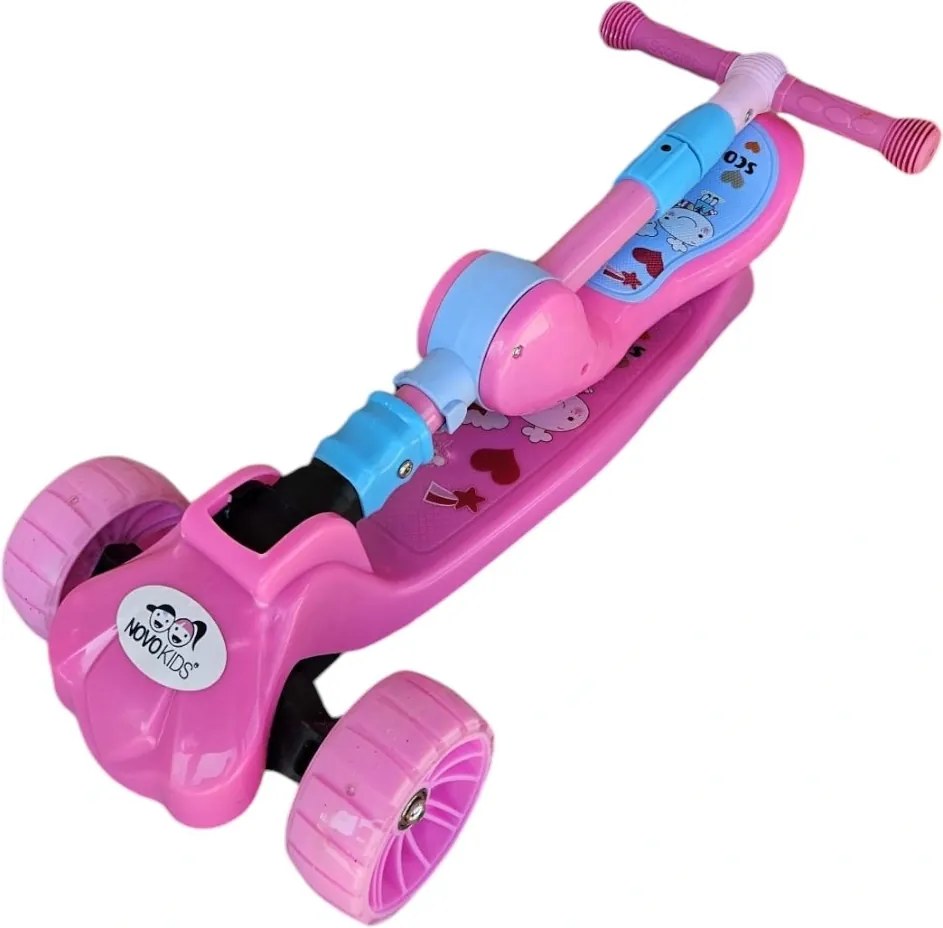 Trotineta 2 in 1 pentru copii cu roti luminoase din silicon NOVOKIDS™ Mini Scooter 8010, Cu melodii , 3 roti, Pliabila, Maner reglabil pe inaltime,