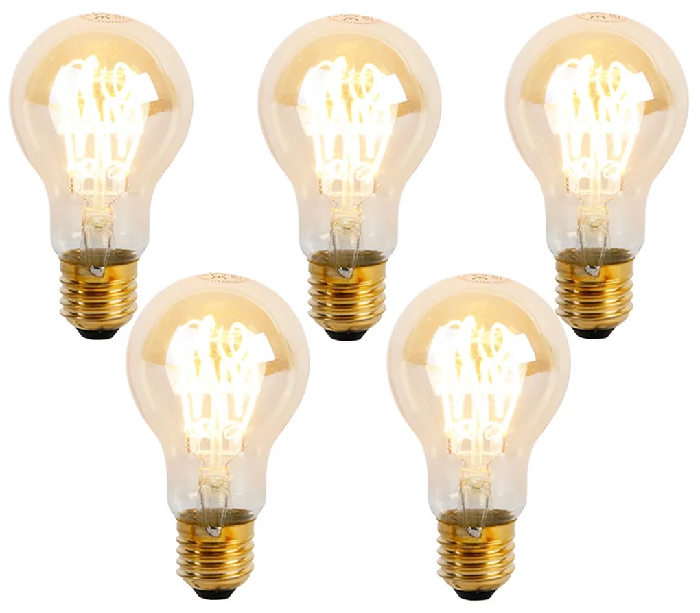 Set de 5 becuri LED E27 cu filament spiralat, reglabile, A60 Goldline 4W 270 lm 2200K