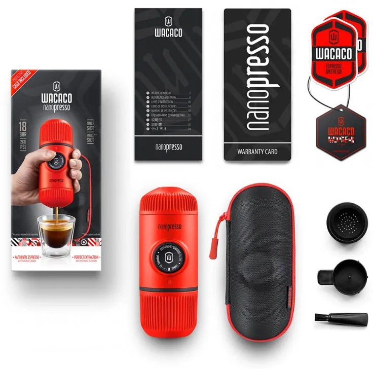 Espressor portabil Wacaco Nanopresso Lava Red, 18bar, 80 ml, Cafea macinata, Fara incarcare sau baterii, Husa, Rosu