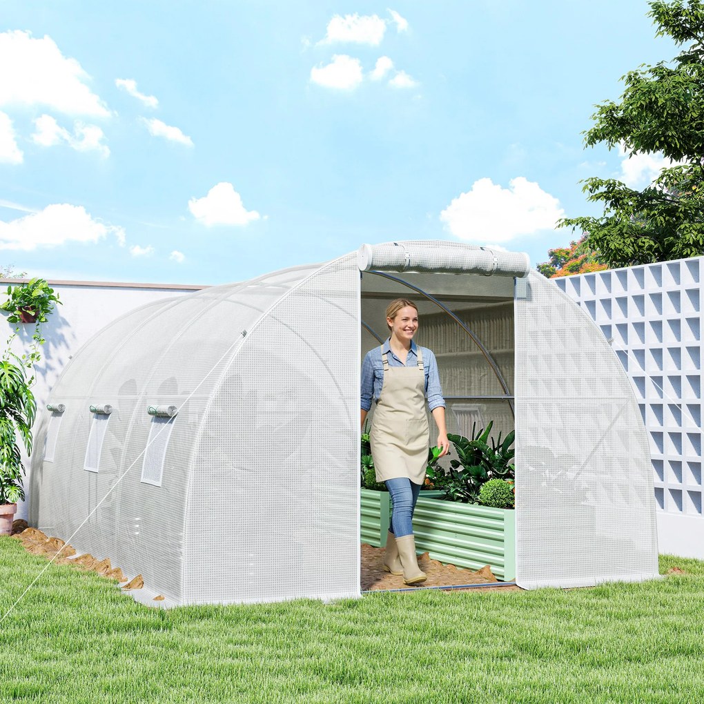 Outsunny Seră de grădină tunel 13,5 m² 6 ferestre, ușă rulantă cu fermoar cadru oțel galvanizat, prelată PE 4,5 x 3 x 2 m alb | Aosom Romania