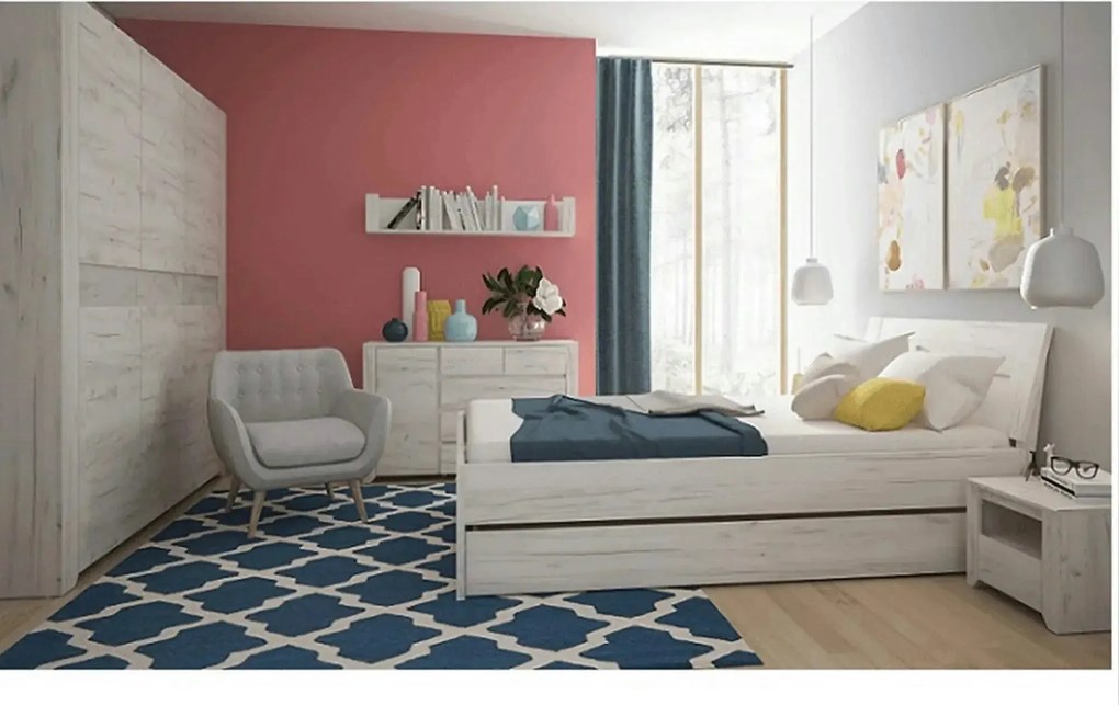 Set dormitor ANGEL, alb craft, PAL melaminat, cu pat 160x200, dulap cu