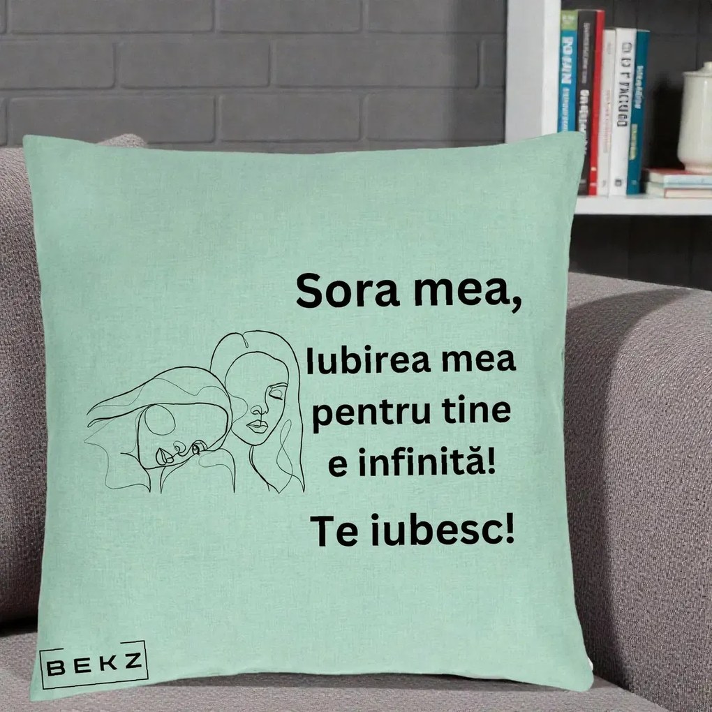 Cadou pentru Sora - Perna Personalizata Sora Mea Te Iubesc Line Art Portrete Fata in Fata, 40x40 cm, Verde Menta, Husa Detasabila, Perna Inclusa, BEKZ®