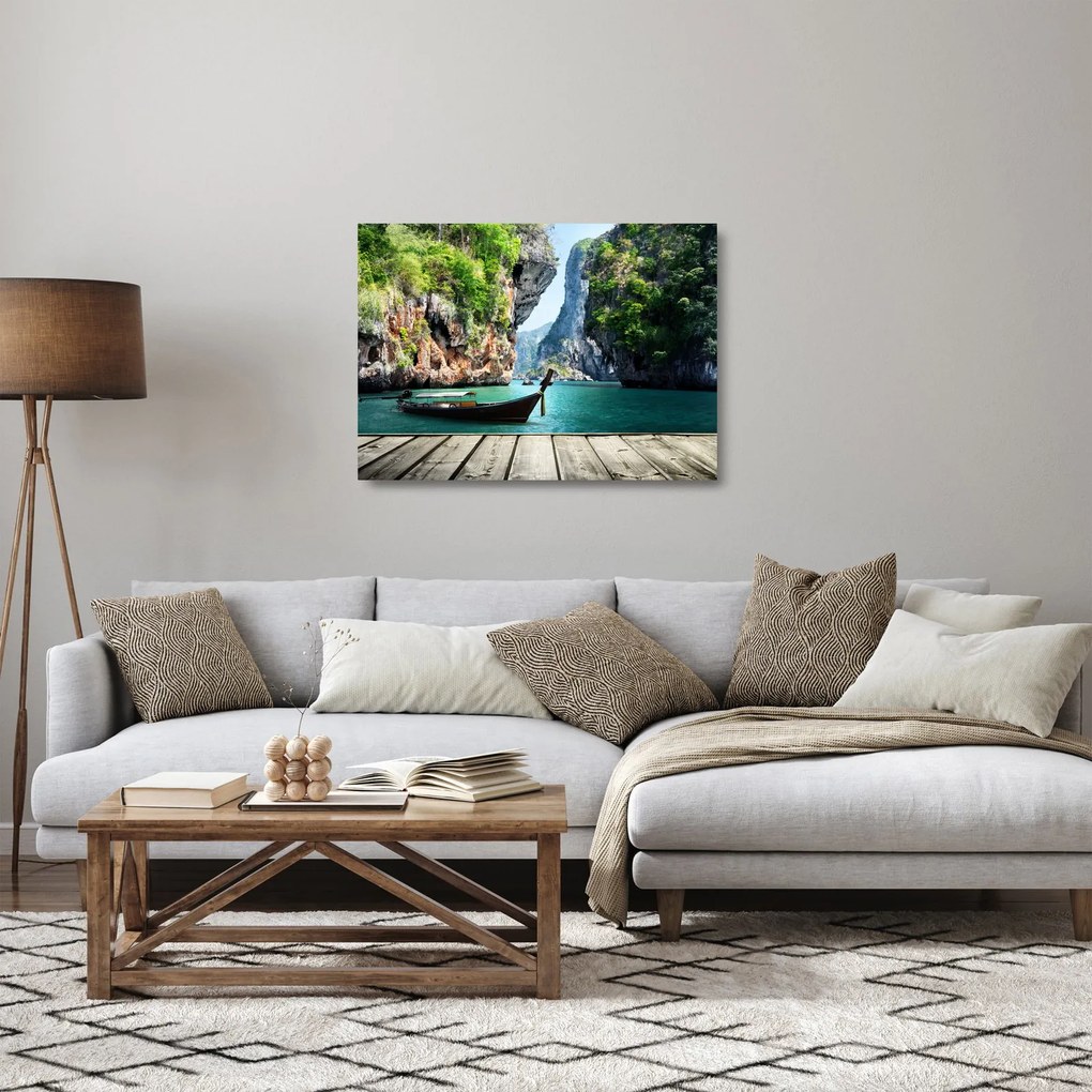 Tablou pe sticlă cu navă lungă pe plajă (70x50 cm)
