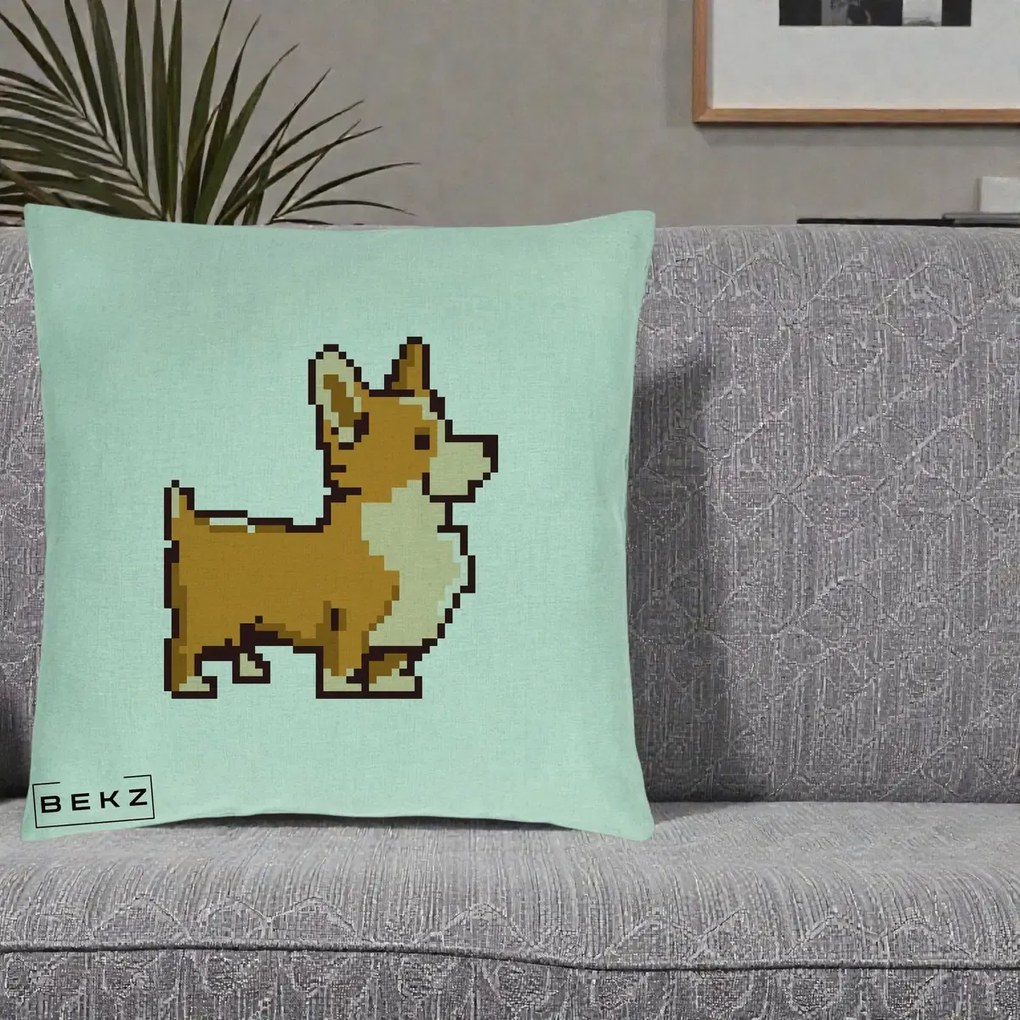 Perna Personalizata Corgi Pixel Art, 40x40 cm, Verde Menta, Husa Detasabila, Perna Inclusa, BEKZ®