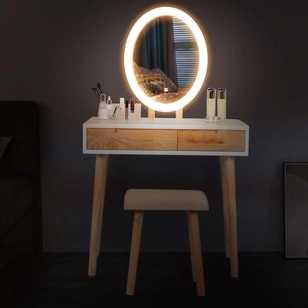 Masuta machiaj cu Oglinda LED si 2 Sertare pentru Cosmetice, Set Masa toaleta 70 cm, Alb, masuta cosmetica, vanity - SEM235
