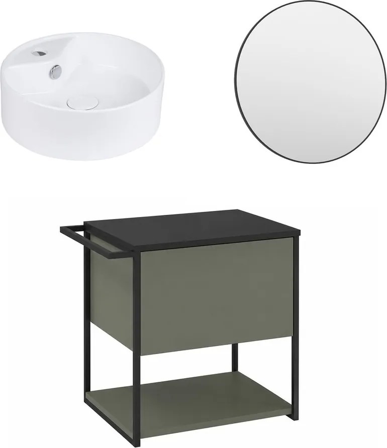 Set dulap baza suspendat Krofam Lov verde-negru 60 cm blat negru cu lavoar 38 cm si oglinda cu rama neagra