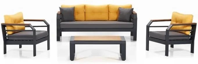 Set mobilier gradina / terasa Assento Outdoor Antracit / Galben, 2 fotolii + canapea 3 locuri + masa de cafea