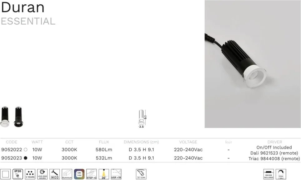 Mini Spot incastrabil LED 10W 3000K Duran alb