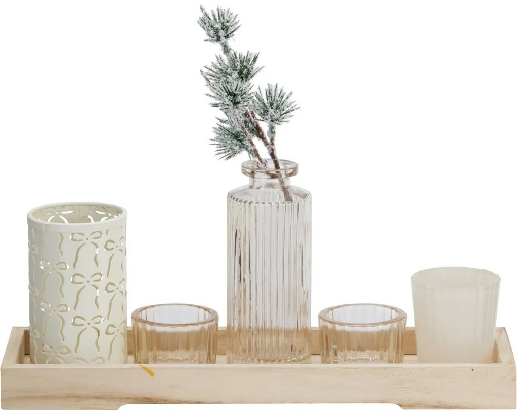 Set de sfeșnice pe tavă din lemn Winter Time, 6bucăți, 10,5 x 32,5 cm