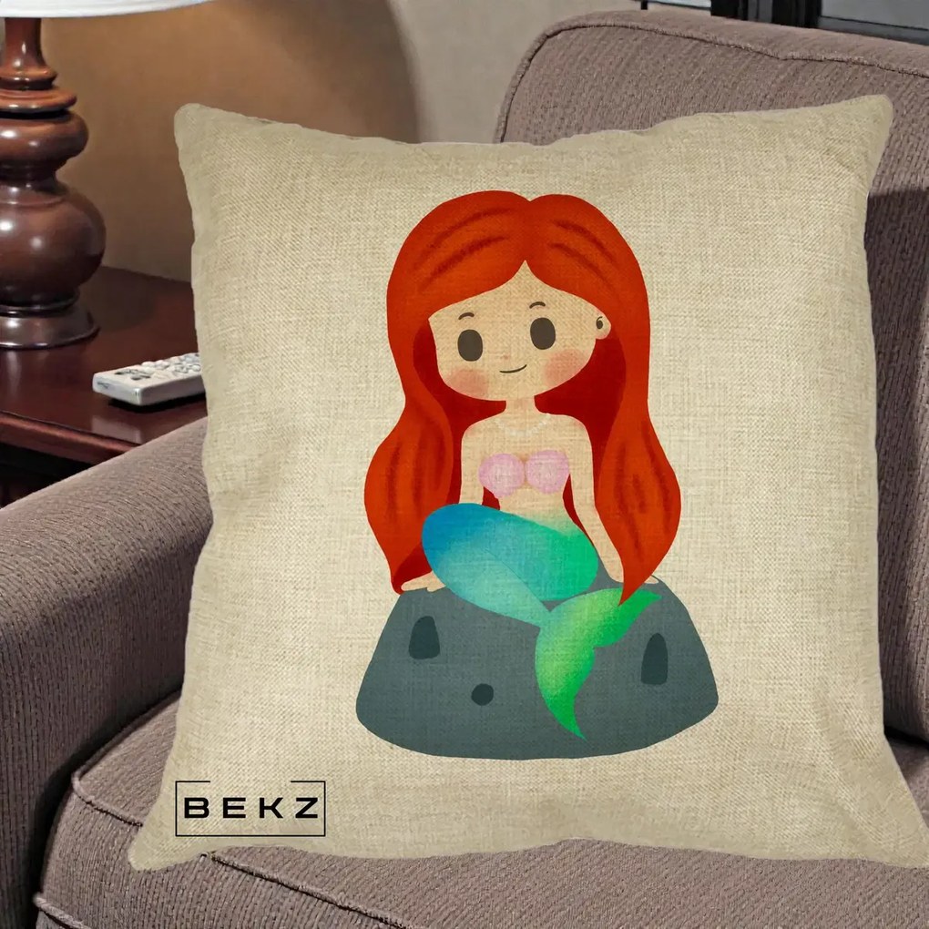 Perna Personalizata Sirena Kawaii Roscat, 40x40 cm, Crem, Husa Detasabila, Perna Inclusa, BEKZ®