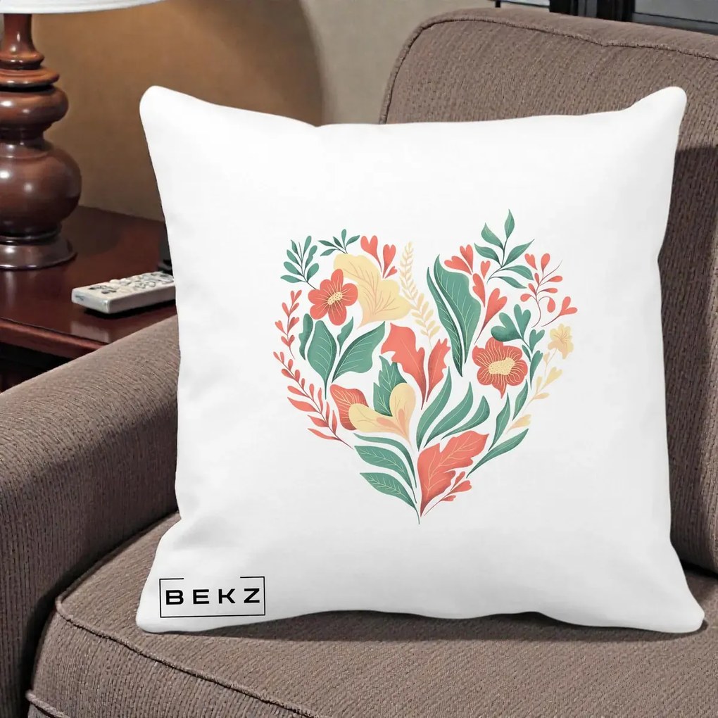 Perna Decorativa Inima Florala Botanica, 40x40 cm, Alba Mata, Husa Detasabila, Perna Inclusa, BEKZ®