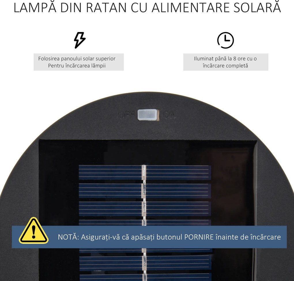 Outsunny Lanternă Solară de Grădină cu Panou de Încărcare, Lampă solară de Exterior din Metal și Ratan, Ø21.5x61 cm, Maro | Aosom Romania