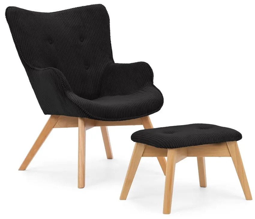 Fotoliu cu taburet negru cu tapițerie din catifea reiată Niko – Ropez