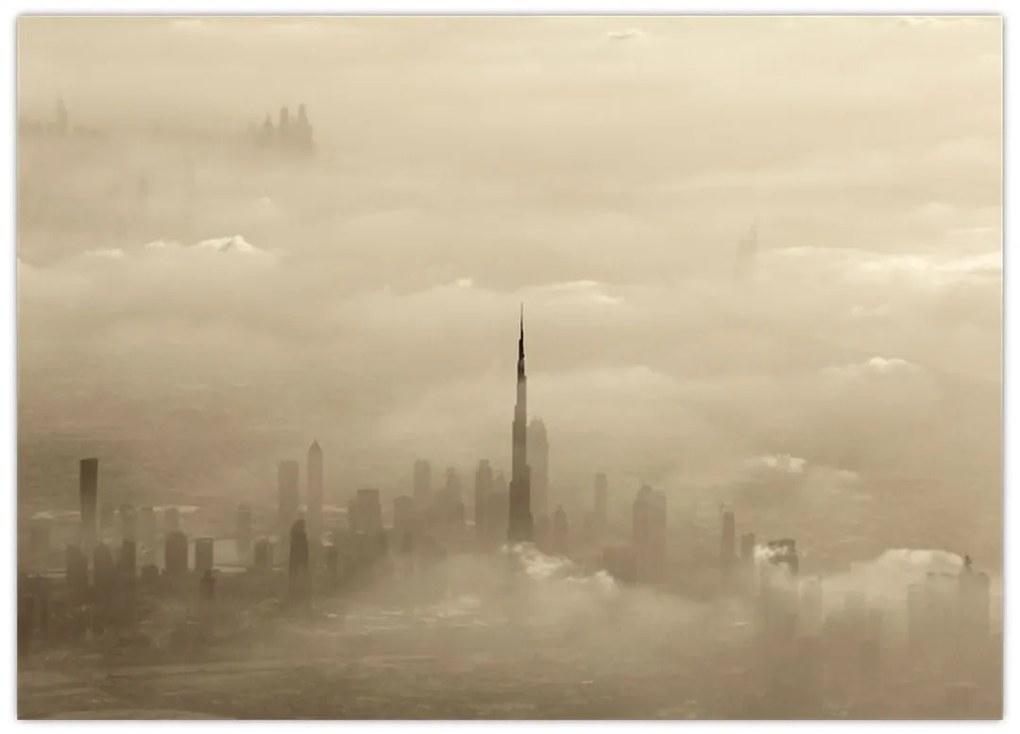 Tablou pe sticlă - Oraș în nori (70x50 cm)