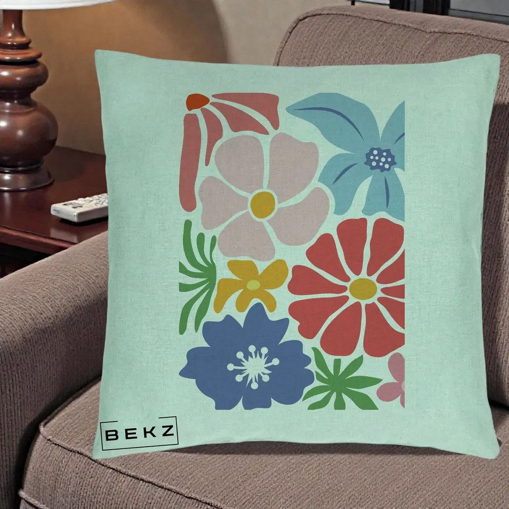 Perna Decorativa Flori Grafice Roz-Rosu-Albastru, 40x40 cm, Verde Menta, Husa Detasabila, Perna Inclusa, BEKZ®