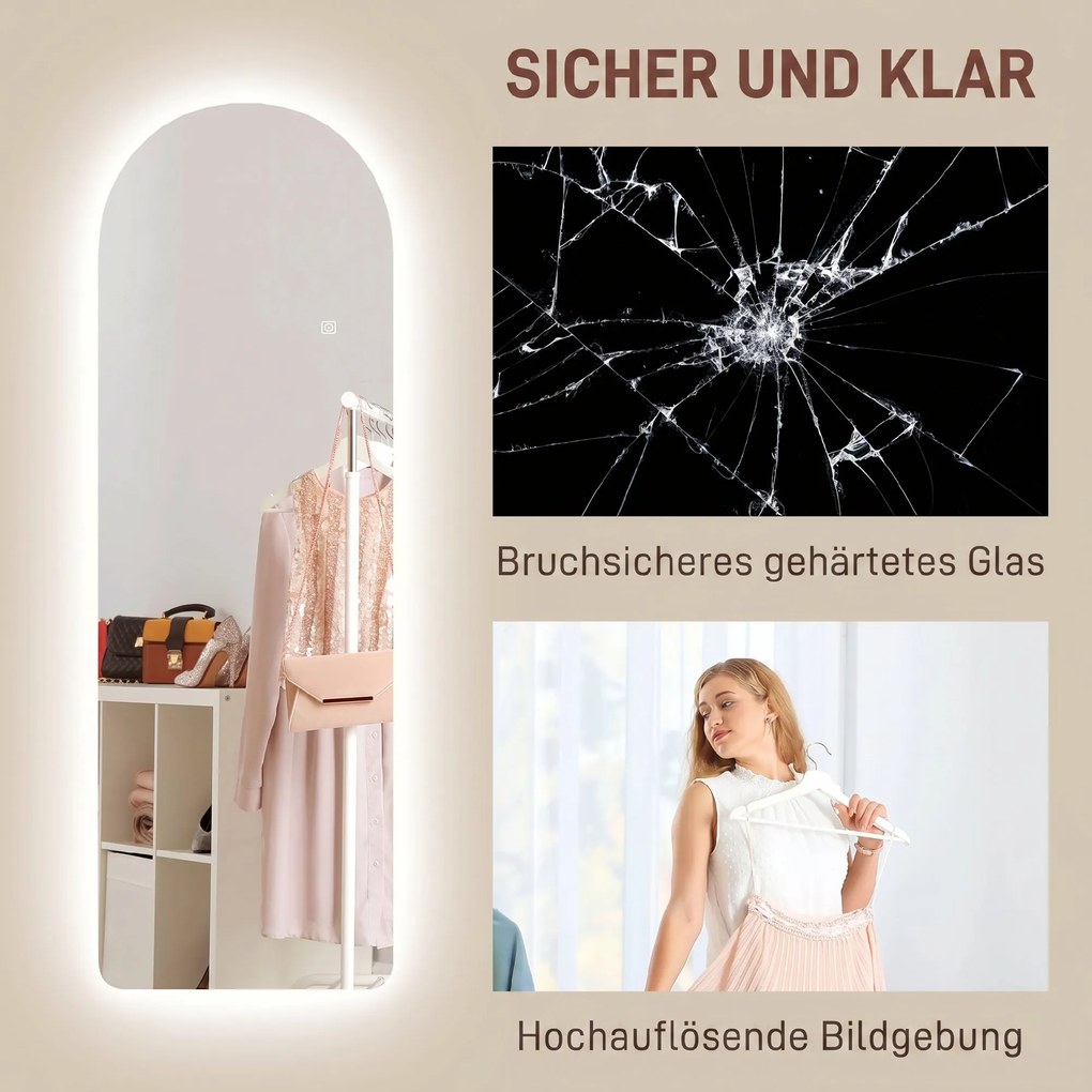 HOMCOM Oglindă de Perete în Formă de Arc cu Iluminare LED, Control Tactil și Sticlă Călită, 40x3x120 cm, Transparentă | Aosom Romania