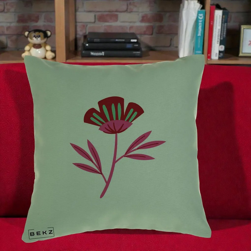 Perna Decorativa Floare Macul Roz-Rosu Grafic, 40x40 cm, Verde, Husa Detasabila, Perna Inclusa, BEKZ®