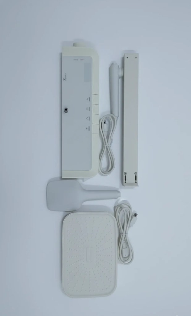 Coloană de duș termostat, afișaj digital, lumină LED ambientală, 4 funcții, butoane ca de pian, cap duș dreptunghiular, efect de ploaie, înălțime reglabilă, montare pe perete, Alb