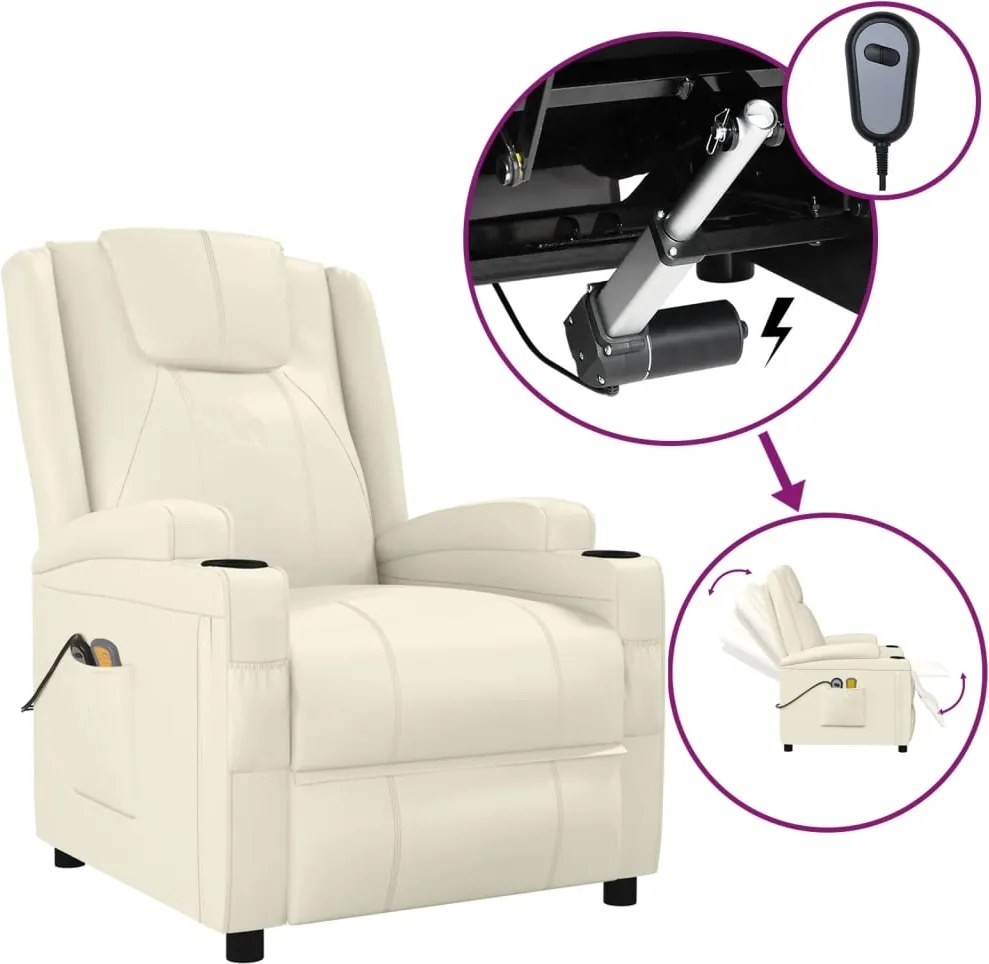 vidaXL Fotoliu de masaj electric, alb crem, piele ecologică