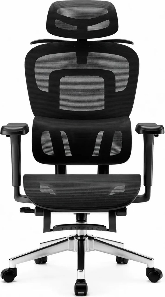 RESIGILAT- SIENA E15 Executive – Scaun Ergonomic cu Suport Lombar Reglabil pe Înălțime, Tetieră Reglabilă, Cotiere 3D, Șezut Extensibil, Reclinare 135°, Umeraș Integrat, Suport pentru Picioare și Bază Metalică, Mesh, Negru