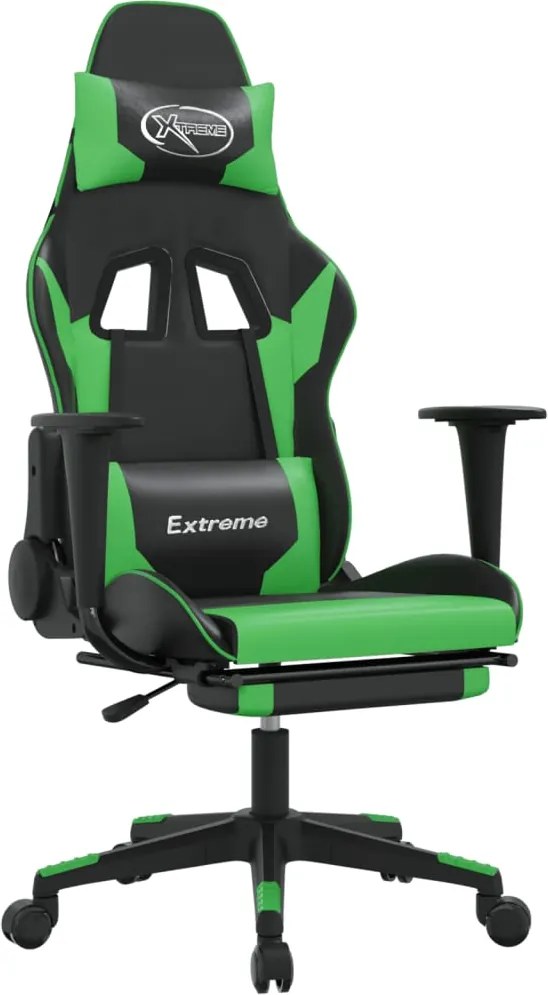 vidaXL Scaun de gaming cu suport picioare negru/verde, piele ecologică
